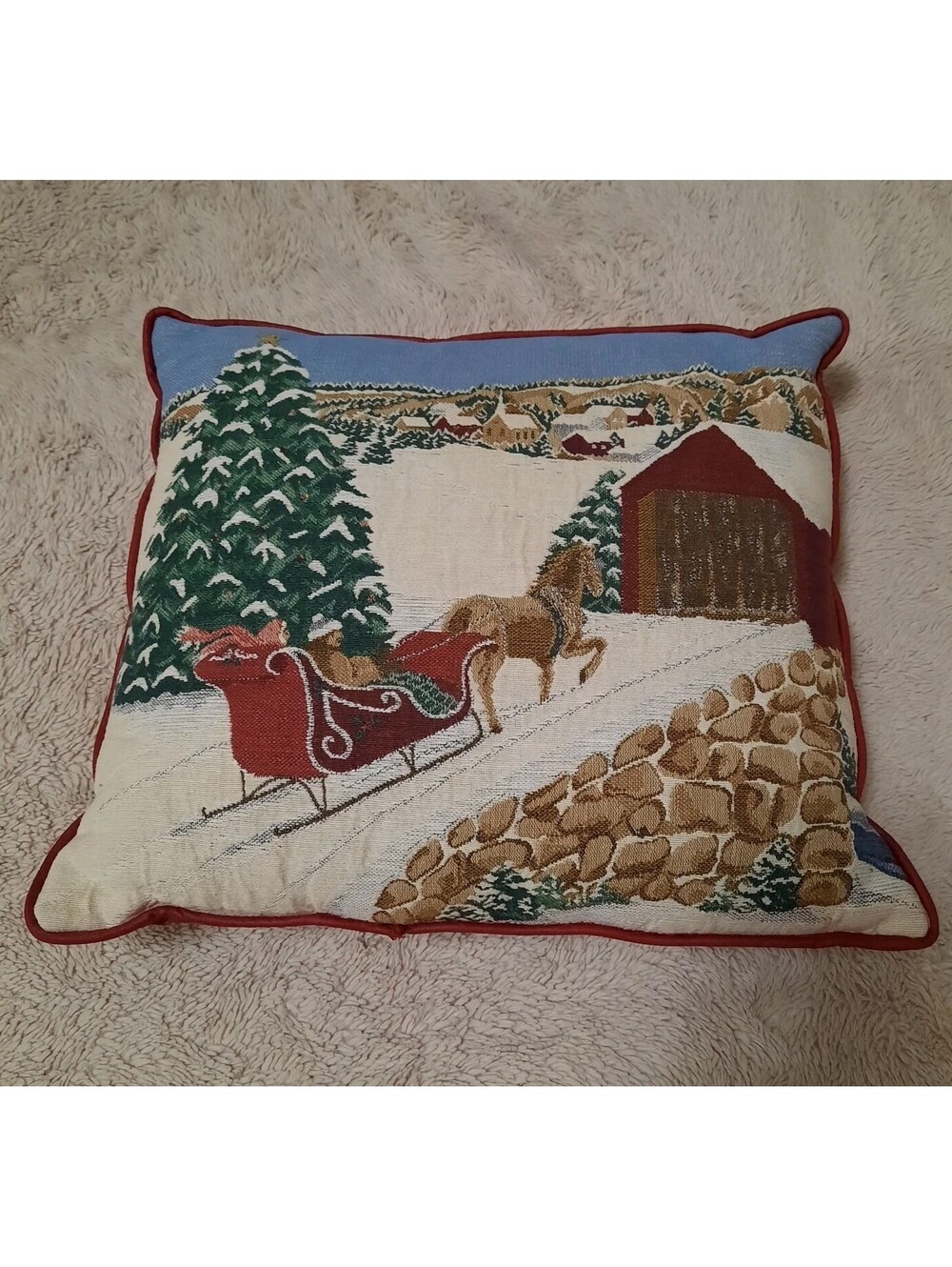 Vtg Tapestry Holiday Winter Sleigh Throw Pillow Christmas 16x14" Square
